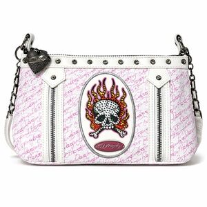 NWT Ed Hardy Y2K Rhinestone Flaming Skull Shoulder Bag Pink Logo Print Studded